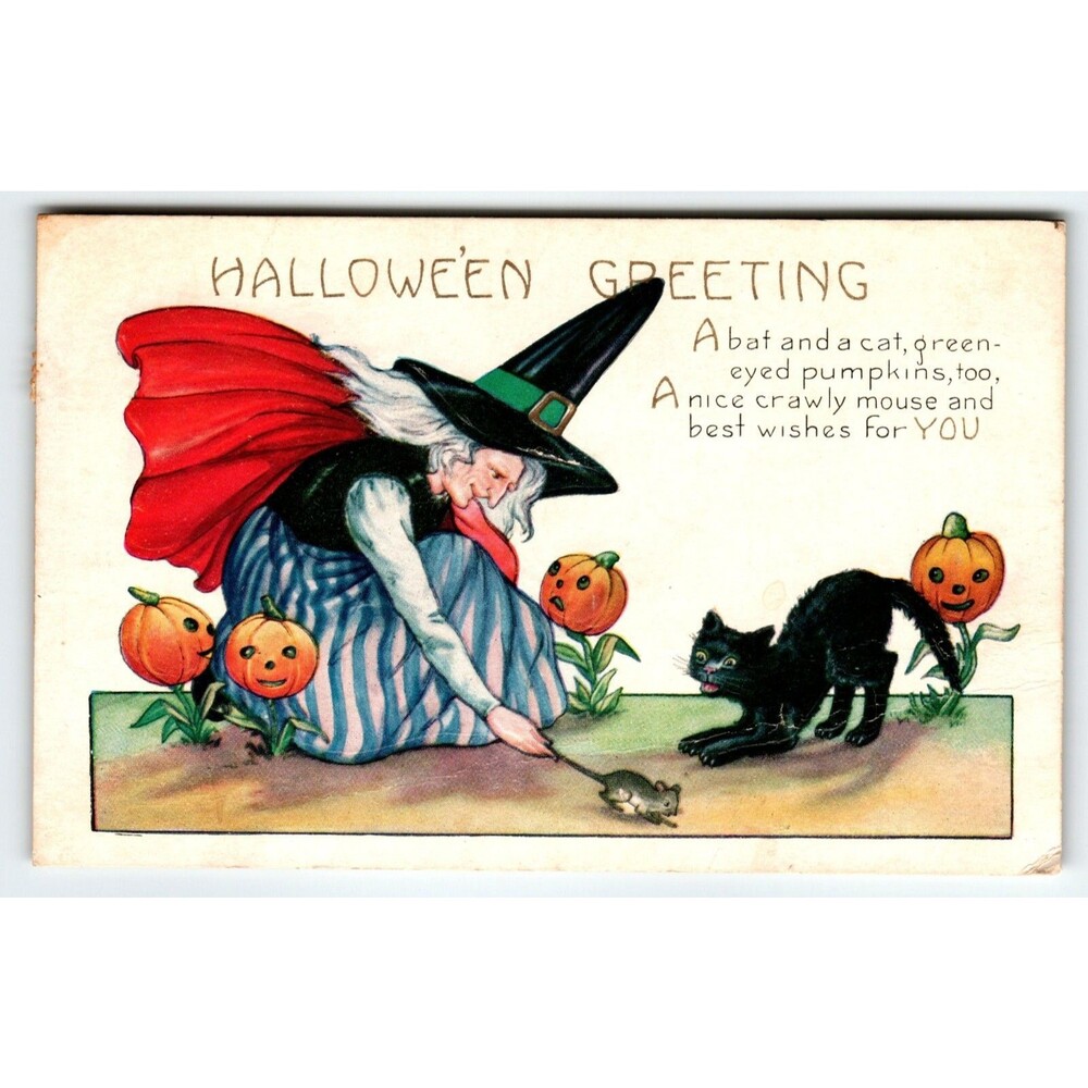 Halloween Postcard Anthropomorphic Plants Mouse Black Cat Witch Pumpkins Whitney